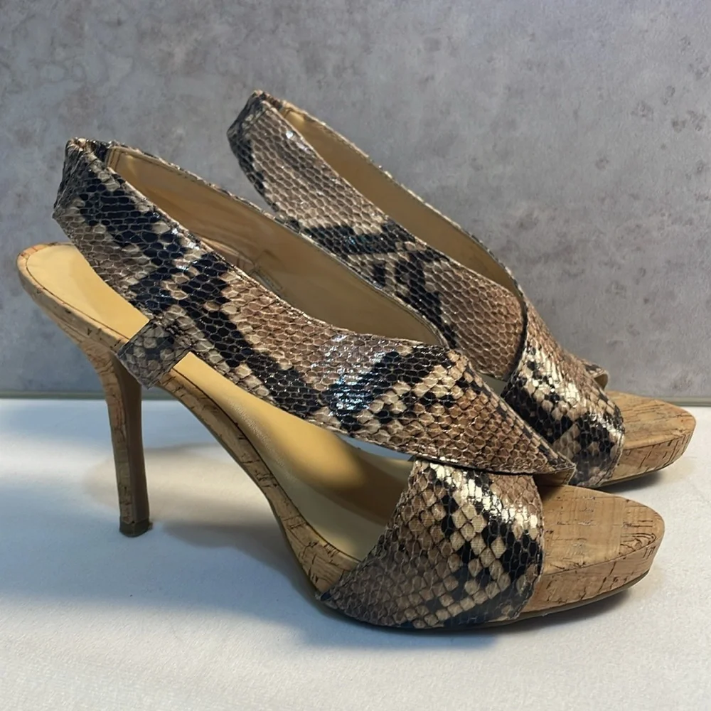 NINE WEST Snakeskin Cork Bottom 4” Heels Crossover Straps Sandals Classic 8.5M‎